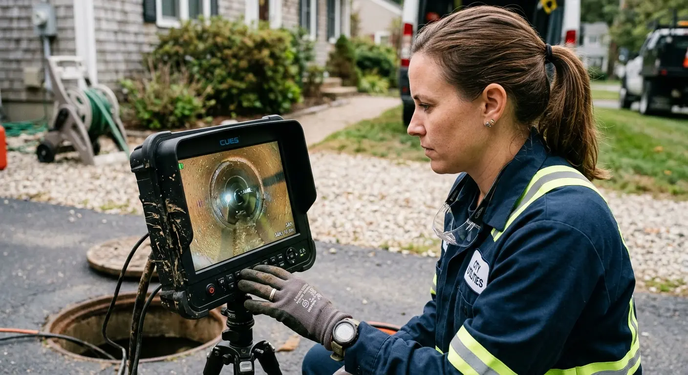 Technician reviewing sewer camera inspection footage in Leeds