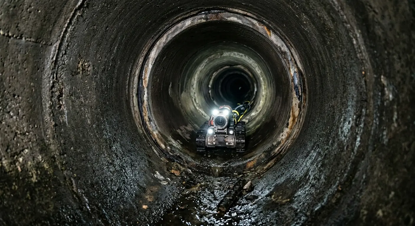 Robotic sewer camera inspecting pipe interior for Sewer Line Cleaning in Leeds