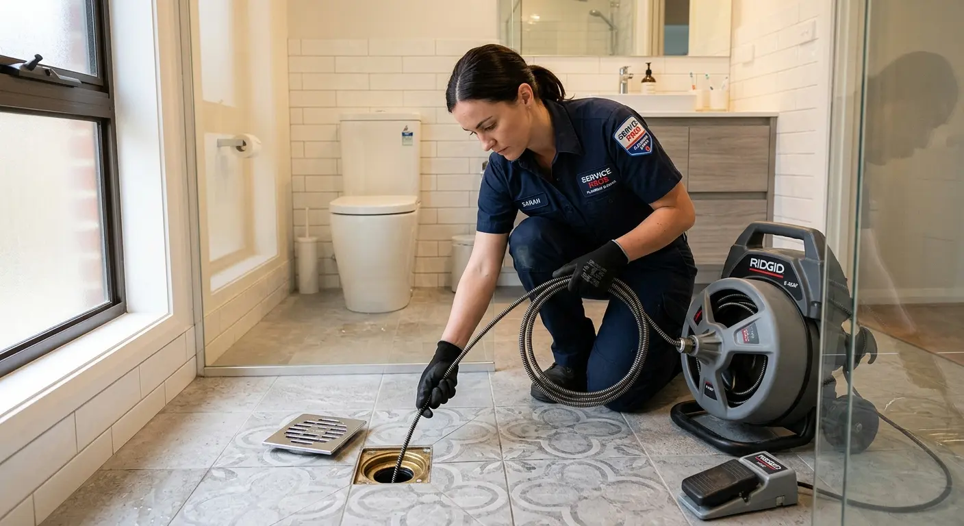 Technician clearing a bathroom floor drain for Drain Cleaning in Leeds